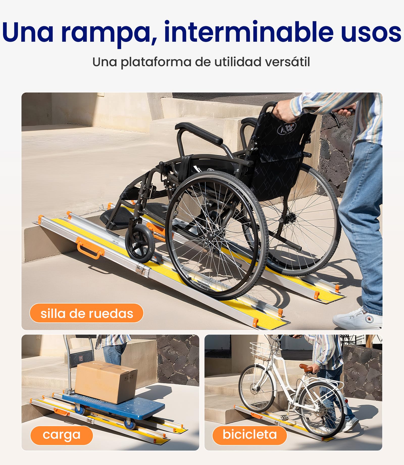 VOCIC CP31 Rampa para silla de ruedas para escaleras 92-152 cm, rampa para silla de ruedas portátil | Rampa telescópica plegable de aluminio para sillas de ruedas, solo 7 kg, rampa de carga hasta 300 kg, color amarillo