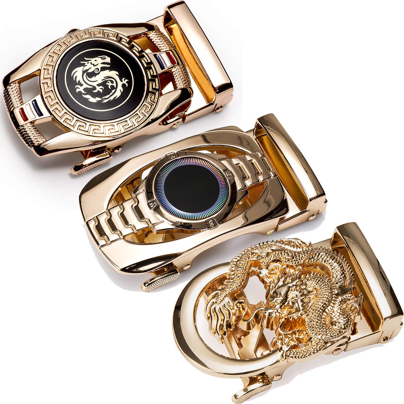 Barry.Wang Cinturones para hombre, color negro, diseño automático, hebilla de trinquete de metal, cinturón de cuero auténtico, ajustable (43 a 59 pulgadas), caja de regalo
