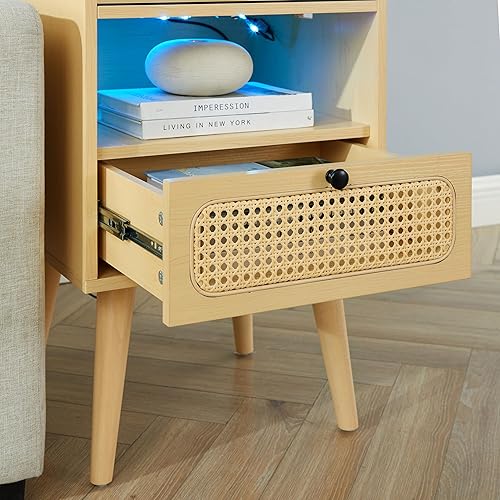 Miniatura 6 de Vagusicc Mesita de noche LED con estación de carga inalámbrica, mesa auxiliar de ratán con cajón y estante de almacenamiento abierto, mesa auxiliar