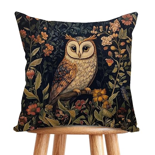 YOU FOUND ME William Morris Abstract Vintage Floral Velvet Owl Design Throw Pillow Covers Home Decor, Retro Art Deco Pillowcase Cushion Cover for Bed Sofa Living Room, Square 18x18inch (Brown-Owl)