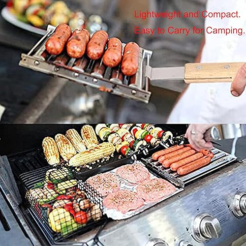 Miniatura 4 de SmaUnicorn Rodillo de acero inoxidable para perros calientes para parrilla, estante de rodillo de salchicha para barbacoa con mango de madera extra