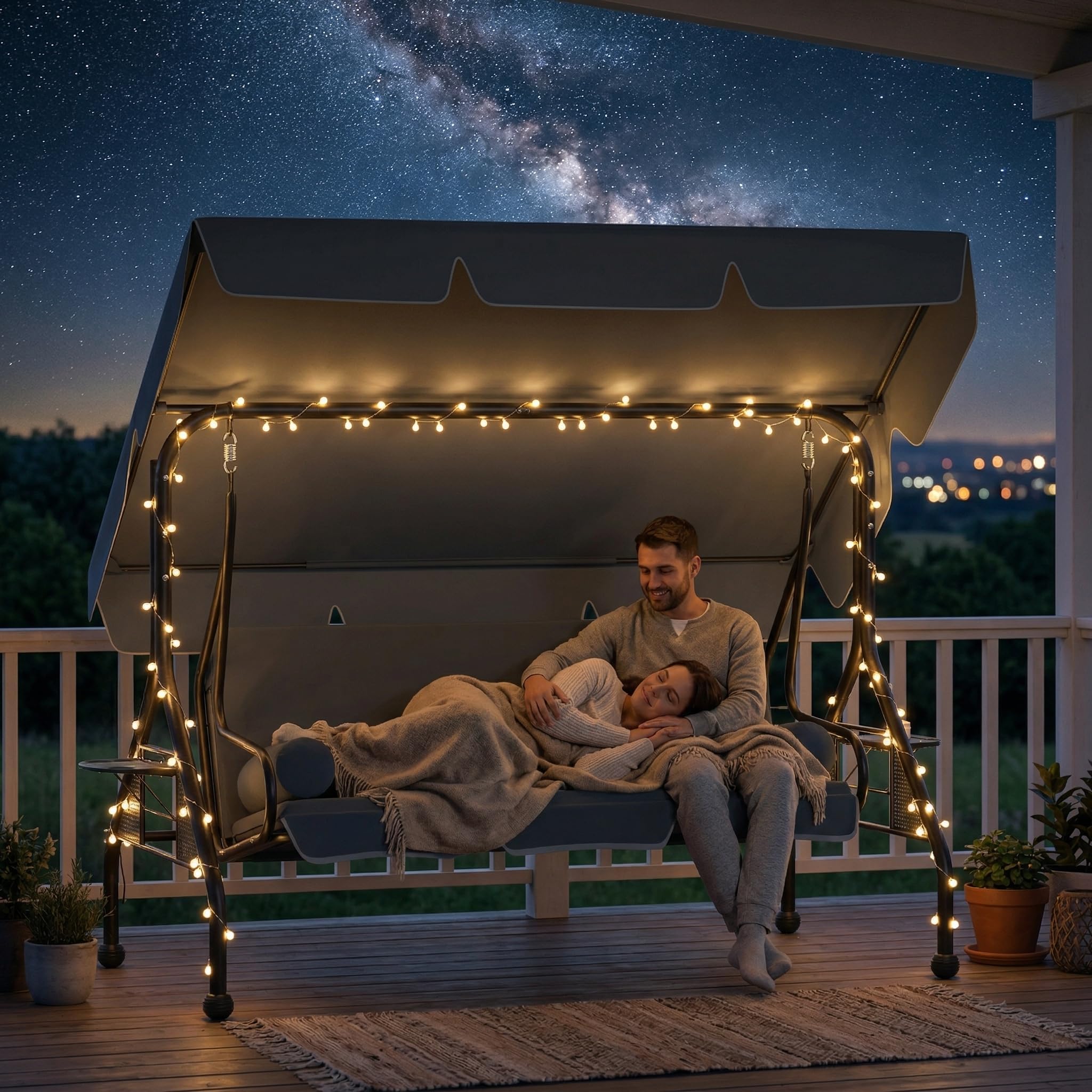 LZQ Hollywoodschaukel 3-Sitzer Grau mit Liegefunktion, verstellbares Sonnendach, inkl. Kissen & Tabletts, rutschfeste Standfüße, Outdoor Schaukelbank für Garten, Terrasse, Pool und Veranda