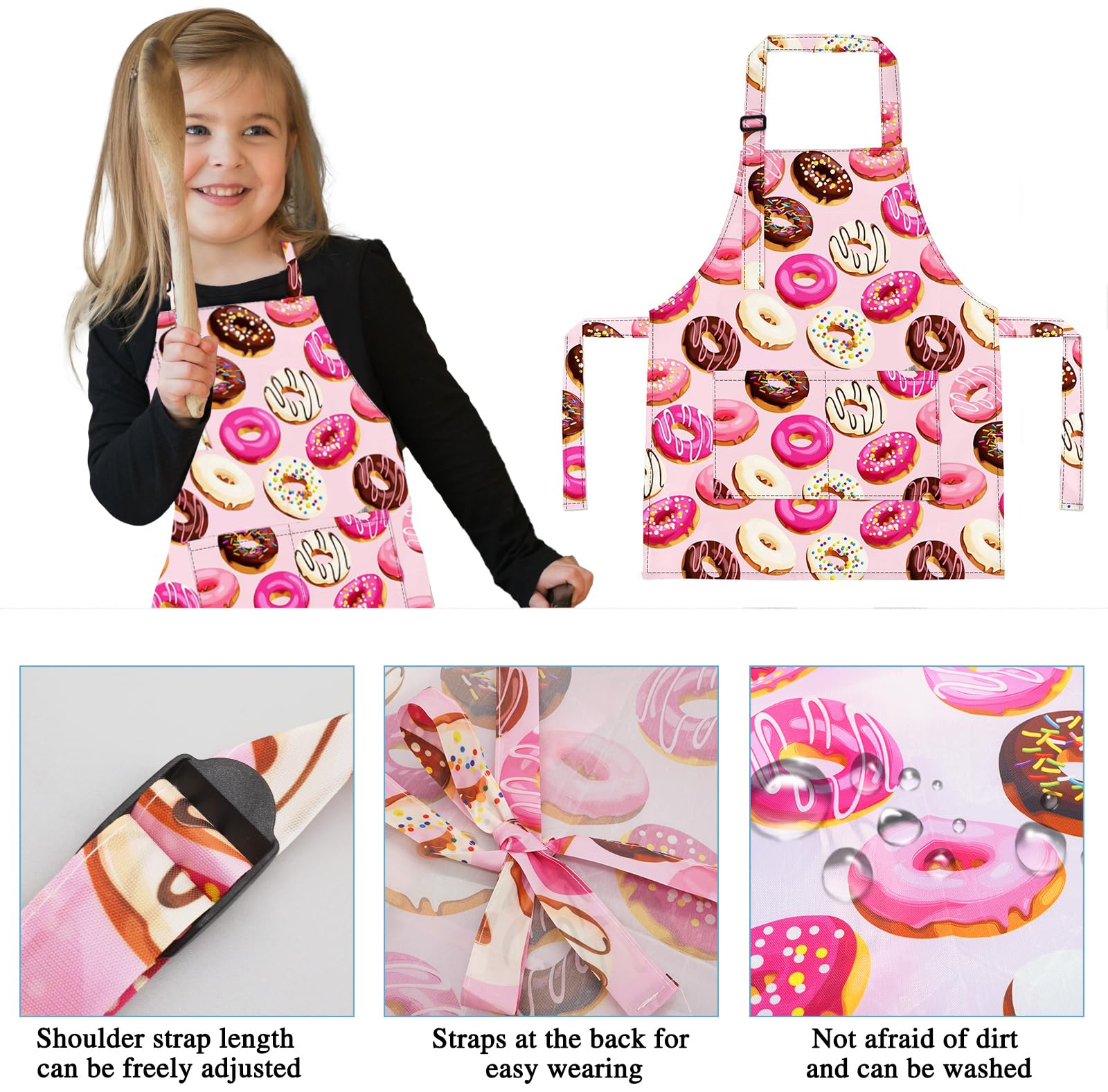 Liutufy Kids Aprons, Adjustable Cartoon Style Apron for Children Cooking Painting Gardening (Pink Donut Apron) - Image 3