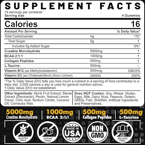 Miniatura 2 de Gomitas de monohidrato de creatina, 0.18 oz para hombres y mujeres, 7000 mg con BCAA, péptidos de colágeno, L-taurina, vitamina B12, D3, creatina