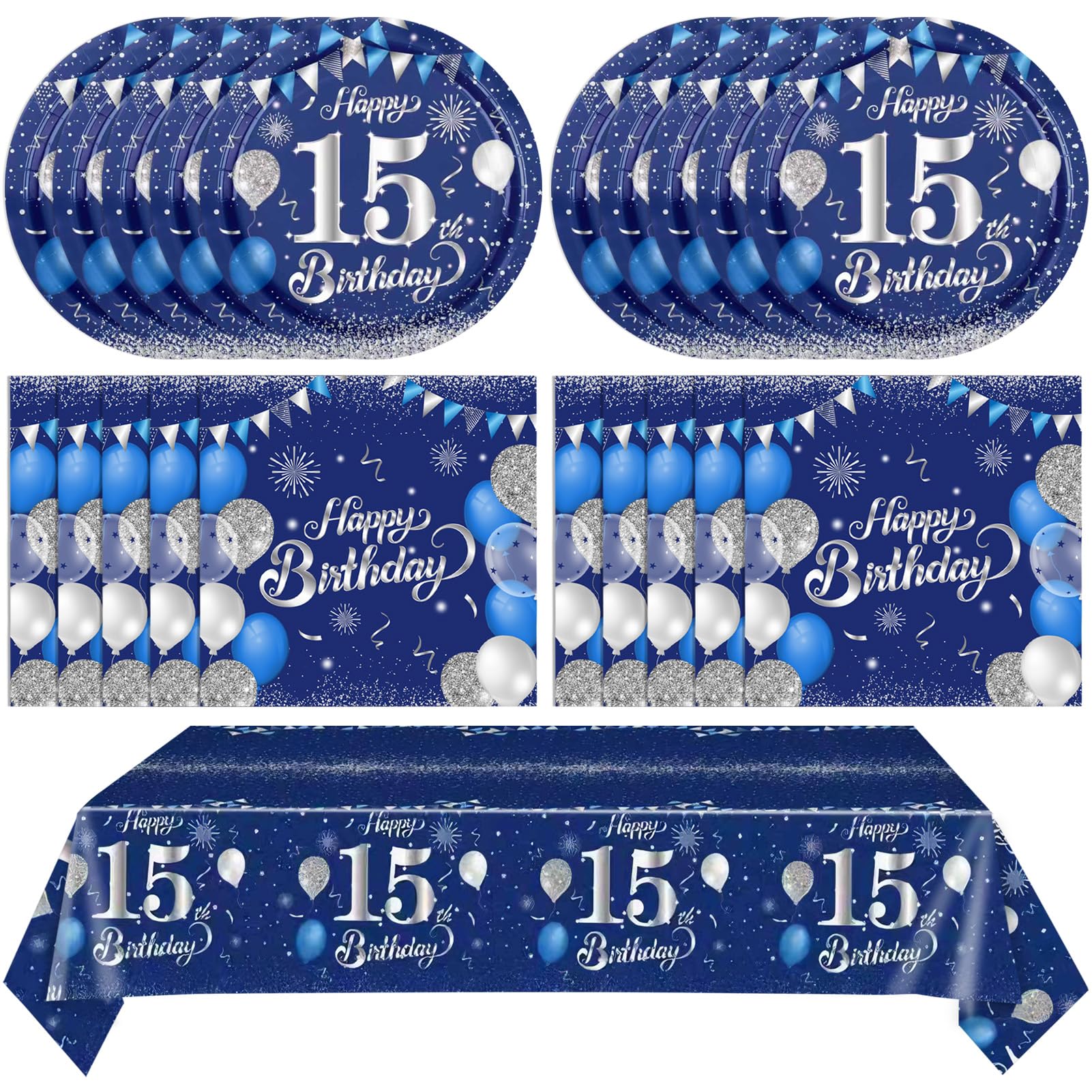 41Pcs 15th Birthday Decorations for Boys Men,Blue Silver Birthday Plates and Napkins,Tablecloth Kit,Disposable Official Teen 15 Tableware Set for Teen