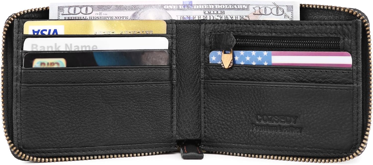 Airtag Wallets For Men With Zipper RFID Blocking Leather Bifold Mens Wallet - Big Capacity Credit Card Travel Wallet - Flap ID Window Zip Coin Pocket (Black)