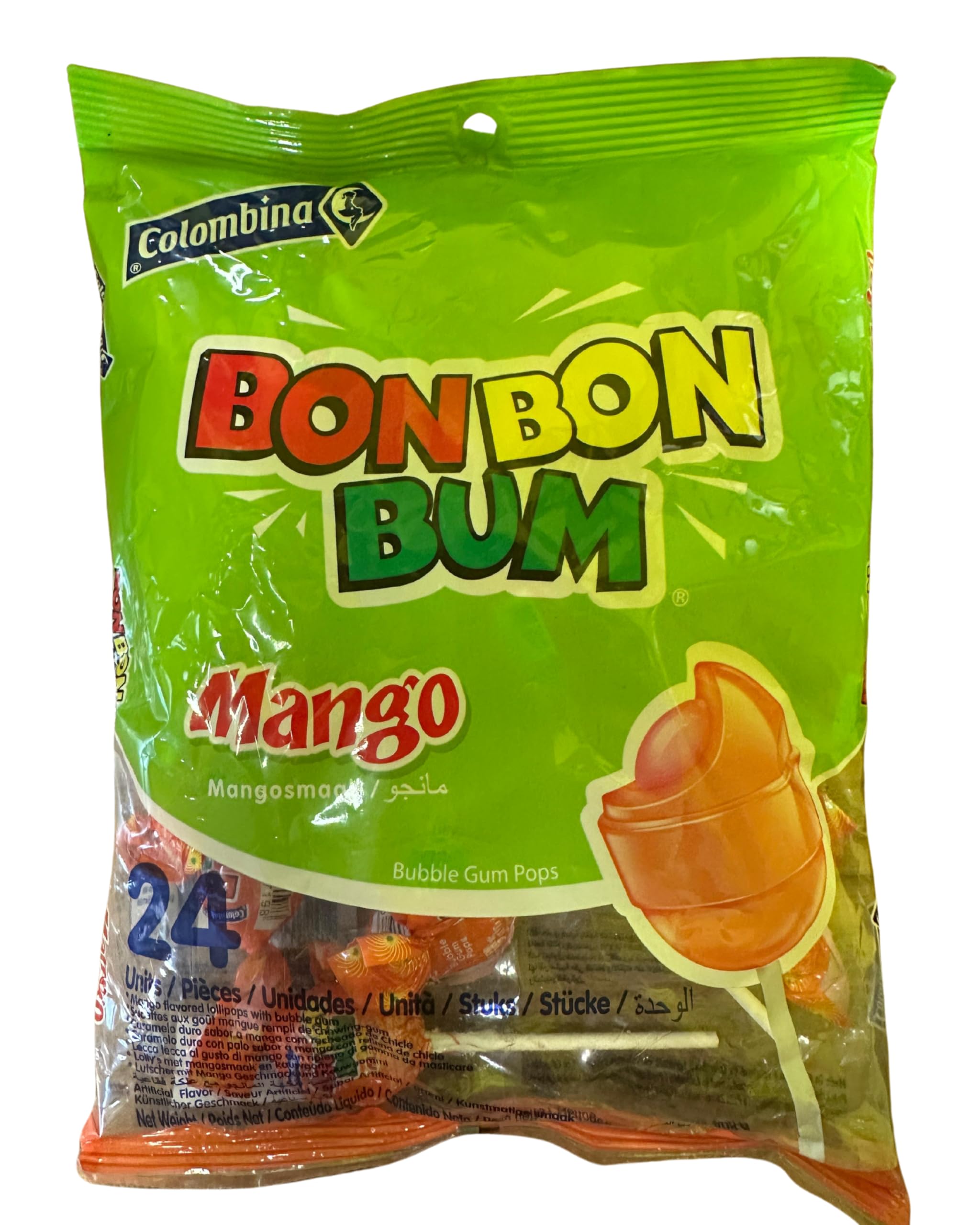 Colombina|Bon Bon Bum Mango Bubble Gum Lollypops Packet, 24's
