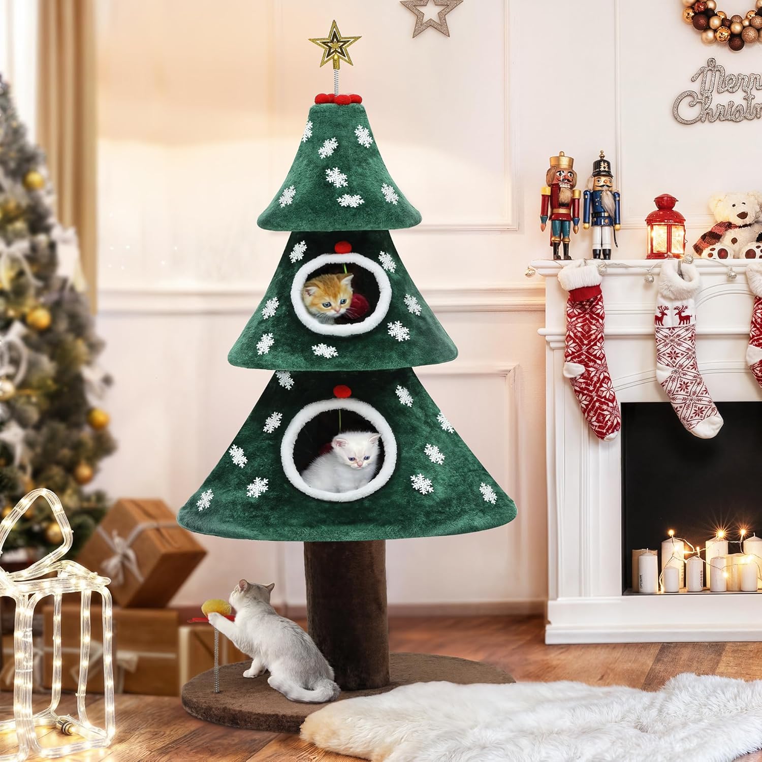 DWVO Christmas Cat Houses for Indoor Cats, Christmas Cat Tree Tower with 2 Cozy Houses, Kitty Furniture with Teaser Plaything for Christmas Decoration
