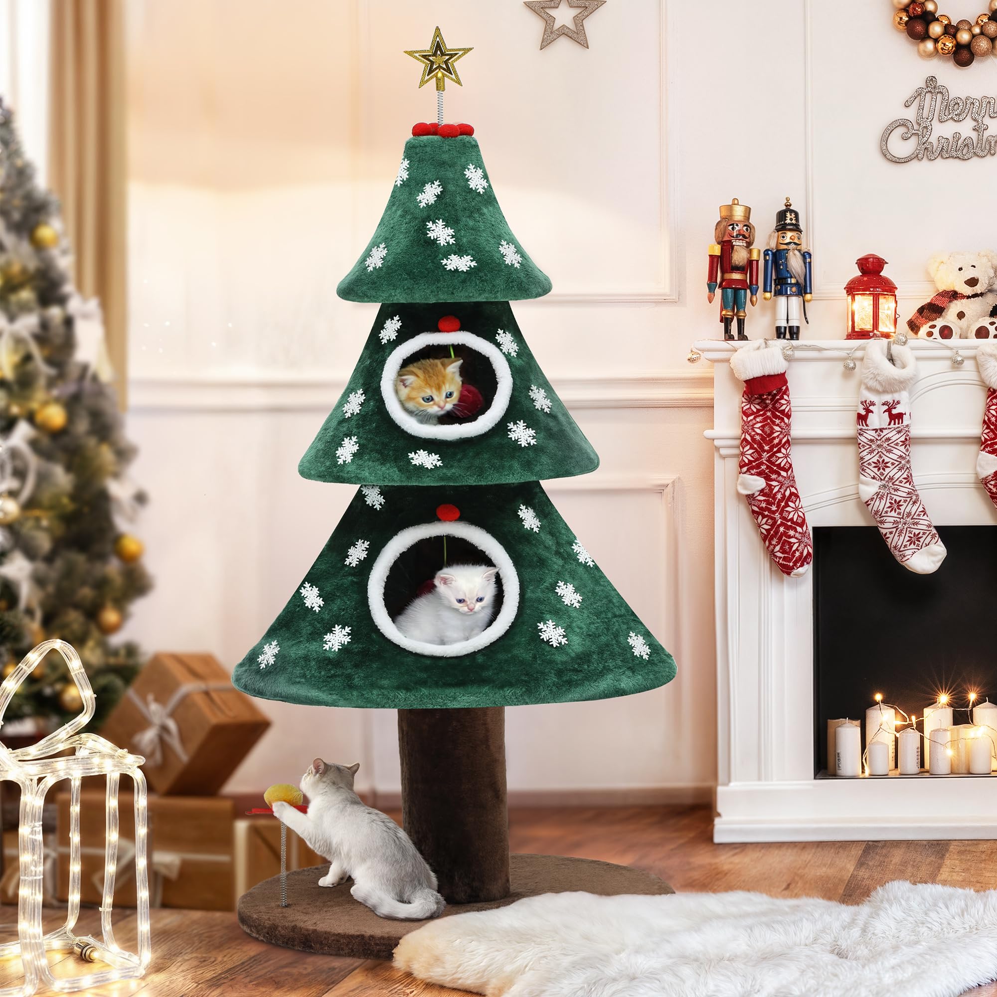YITAHOME 132 cm Árbol Grande para Gatos con casa para Gatos de Dos Pisos, Torre para Gatos, con Juguetes para Gatos, Centro de Actividades para Gatitos, decoración navideña, Verde