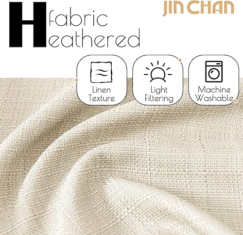 Miniatura 3 de JINCHAN Cortinas de lino beige para sala de estar, cortinas texturizadas de 63 pulgadas de largo, cortinas de estilo casual con pestaña trasera,