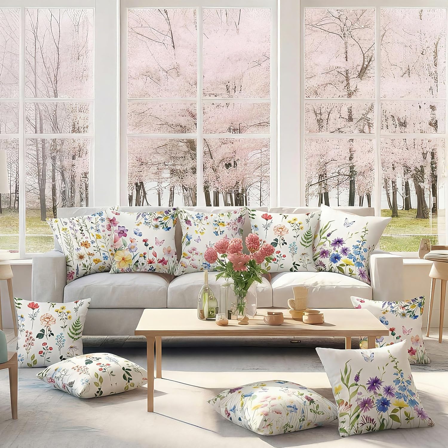 SmoothNovelty 8 Pcs 18x18 Inch Spring Floral Pillow Covers Wildflowers Plant Butterfly Decorative Pillowcases Springtime Farmhouse Throw Pillow Cover for Couch Sofa Home Decor