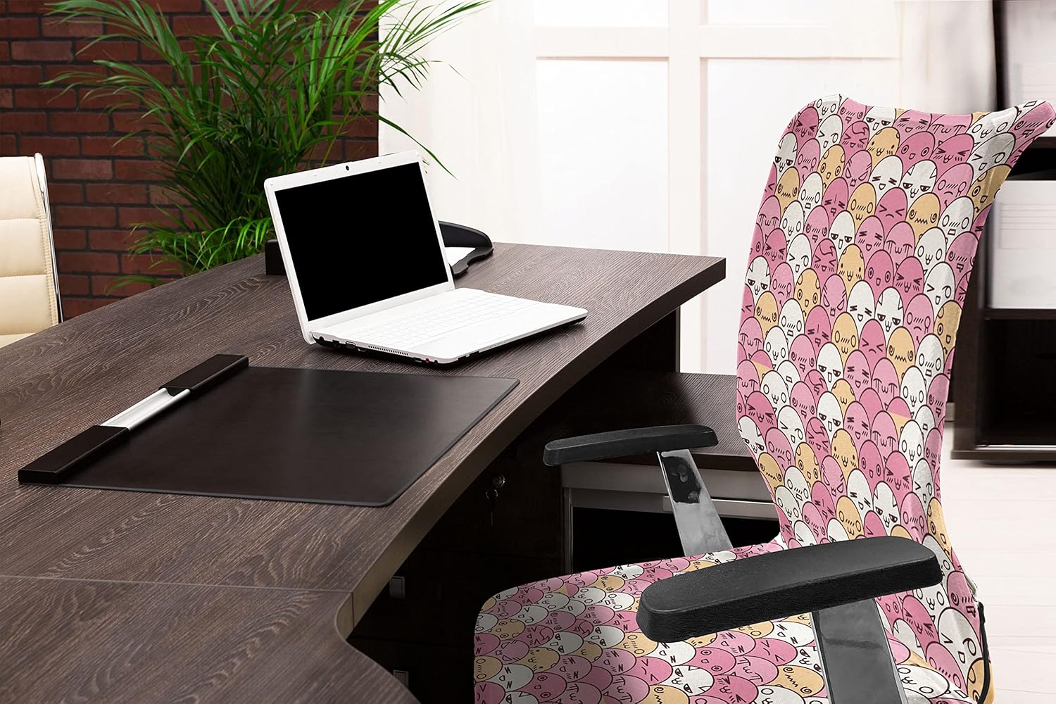 Ambesonne Anime Office Chair Cover, Pattern with Funny Kawaii Faces Showing Various Different Emotions, Stretchable Decorative Universal Size High Back Printed Slipcover, Pale Pink White