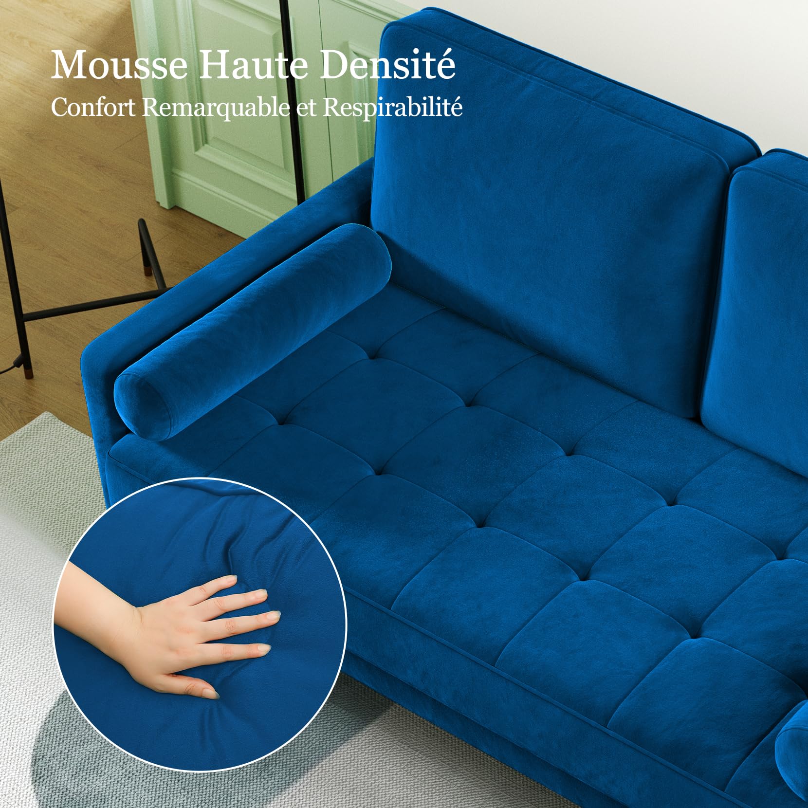 Vesgantti Canapé 2 Places 121 cm, Petit Canapé Compact en Velours, Loveseat Moderne avec Accoudoirs, Assise à Ressorts et Mousse Haute Résilience, Canapé Salon Chambre Studio, Bleu Profond