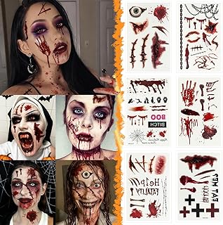 Halloween Face Tattoos, 12 Sheets Halloween Fake Scars Tattoo Makeup Kit, Fake Wound Realistic Blood Injury Cut Scratches Temporary Tatoos for Kids, Adults Men & Women Zombie Sticker