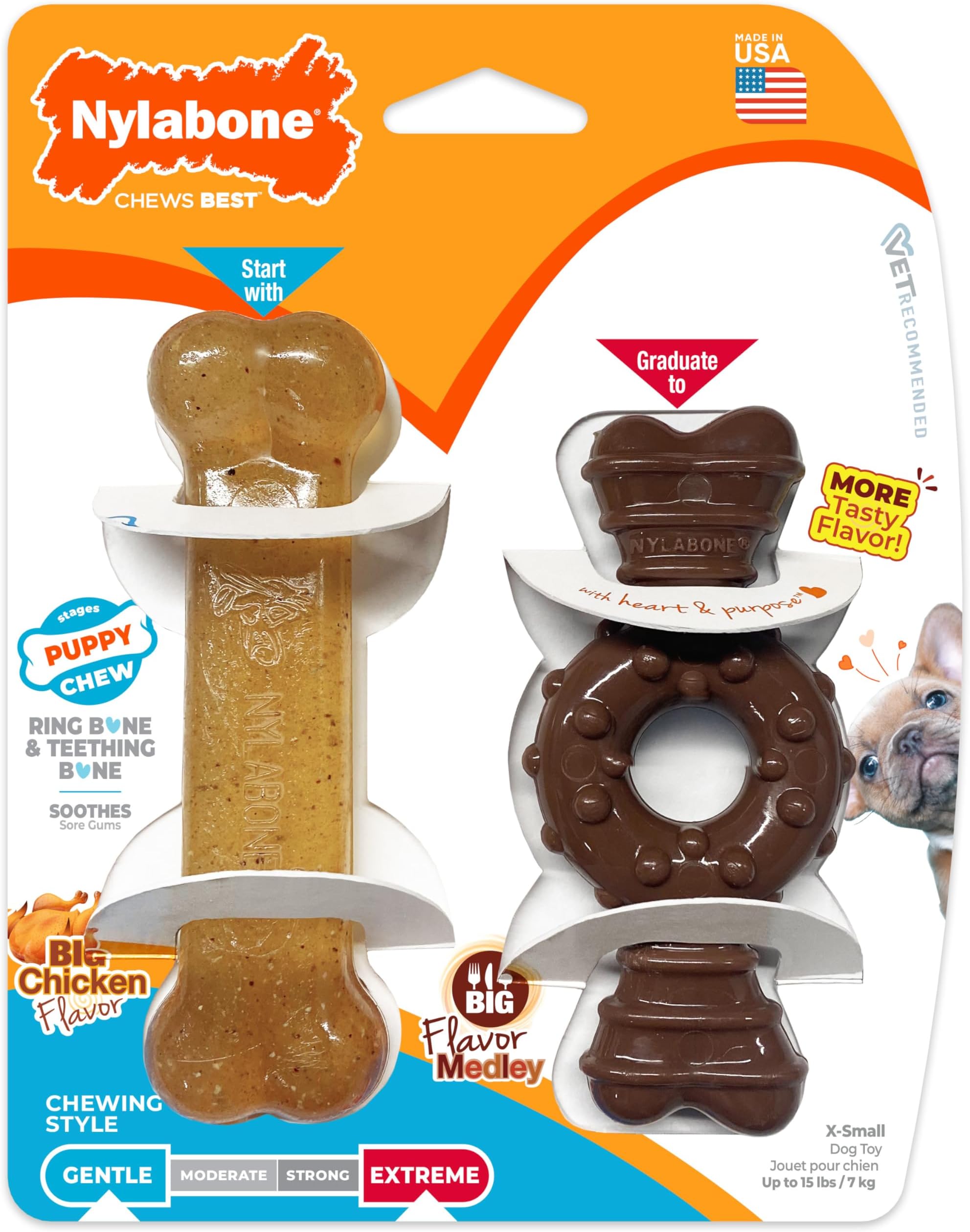 Nylabone Puppy Chew & Ring Bone Twin Pack, Soothes Teething with Flexible Material, Promotes Dental Health with Chicken Flavour, Discourages Destructive Chewing for Puppies Up to 7kg, X-Small