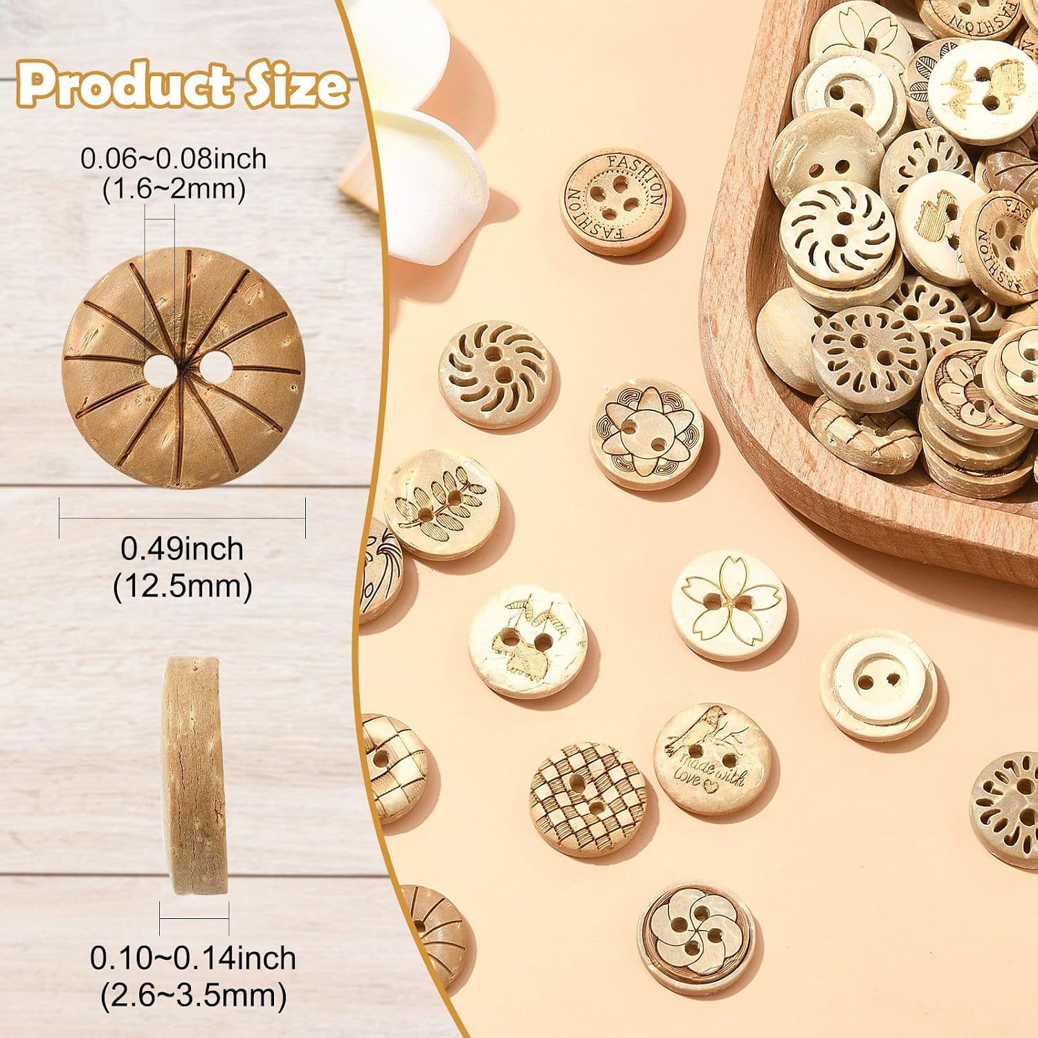 160Pcs Mixed Styles Natural Coconut Husk Flat Round Buttons 4 Holes Flower Leaf Pattern Button for Clothes Sewing Jewelry Making