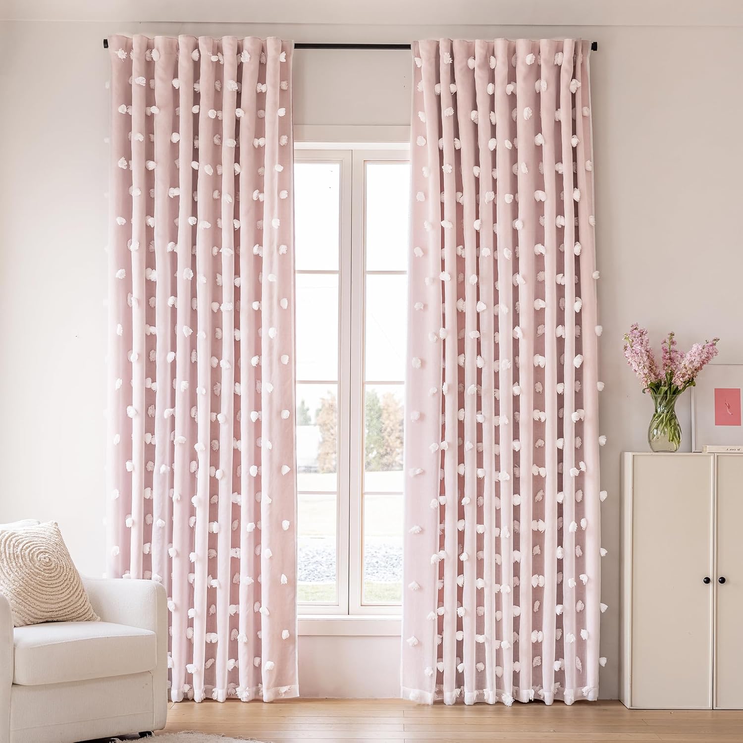 Pink Curtains for Girls Bedroom 2 Panels Double Layer Blackout Nursery Curtain with Fluffy Floral Design Pom Pom Sheer Drapery, Room Darkening Window Drapes with Grommet & Back Tab, 52x84 Inch