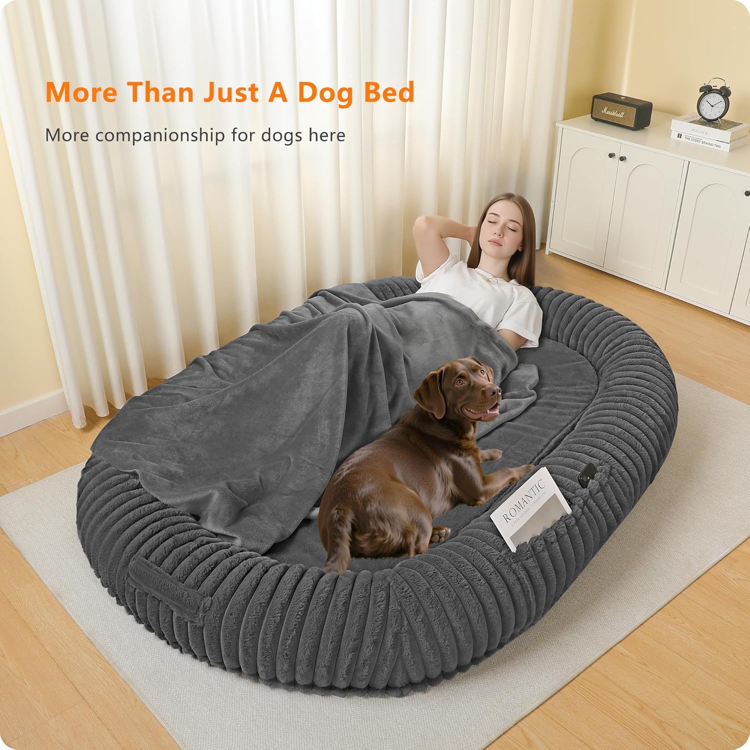 Human Dog Bed for Adult, Reversible Orthopedic Gel Memory Foam Cushion, Washable Corduroy Fleece, Plump Edge with Blanket, Storage Pocket, Strap, 71"x47.2"x9", Extra Large, Medium Grey