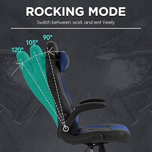 Miniatura 5 de Sillas de juegos para adultos, silla giratoria de piel sintética, ajustable, con soporte lumbar, reposabrazos abatibles, reposacabezas para adultos,