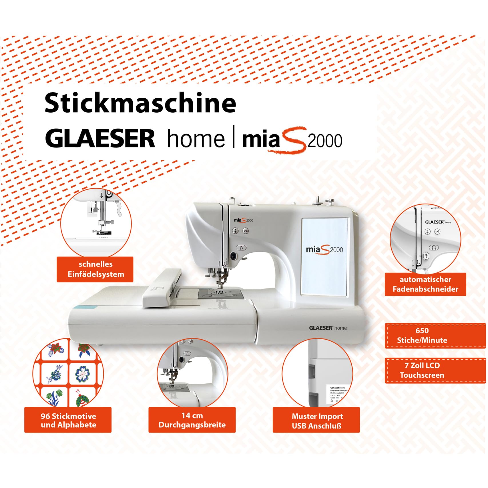 GLAESERhome MiaS2000 Stickmaschine Mit 100 x 235 mm Stickbereich | 7 Zoll LCD Touchscreen (S2000)