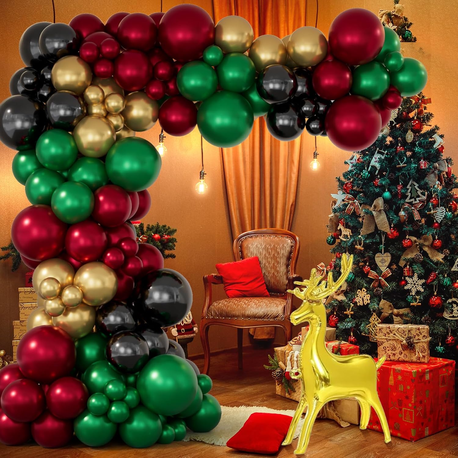 Christmas Balloon Arch Garland Kit - 163pcs Double Stuffed Red, Green, Gold Balloons With Christmas Elk Foil Balloons for Party Decorations