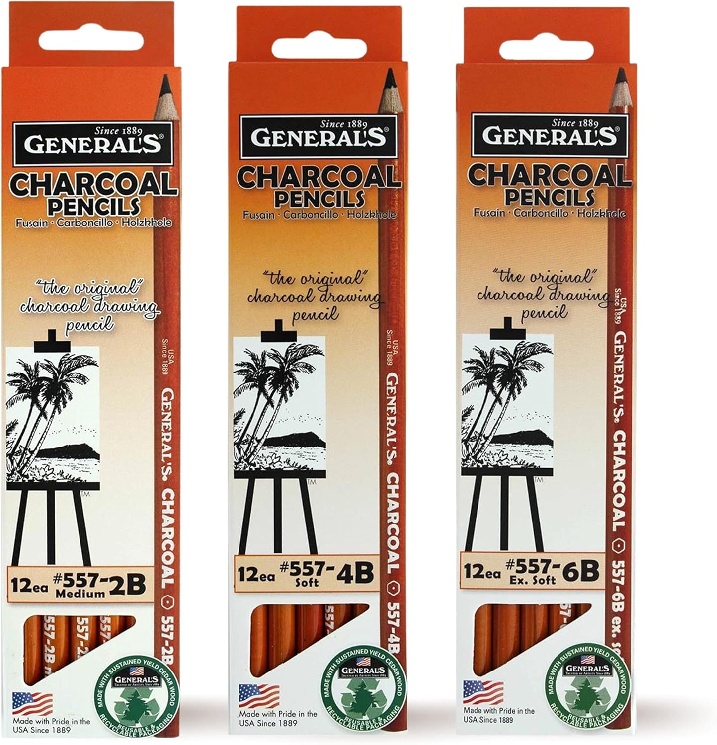 General's Charcoal Pencil Bundle: 2B Medium, 4B Soft, 6B Extra Soft - 557 Series, 12 Pencils Each Box, Total of 36 Pencils for Drawing Class, Painting, Sketching, Portraits
