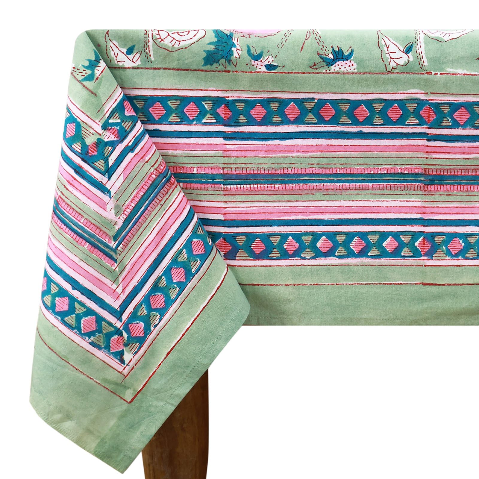 72x135 Inches Rectangle Hand Block Printed Cotton Tablecloth, Green Pink Floral Table Cloths Washable, Indian Table Linen For Valentine Thanksgiving Gifts Home Decor Dinning Outdoor — image 1