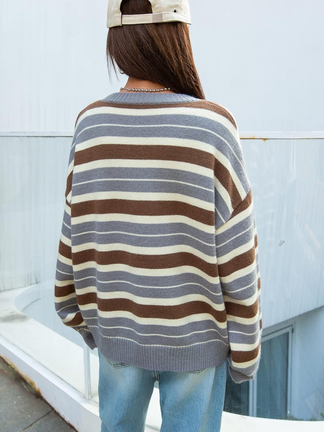 Women's Sweater Color-Block Stripe Pattern Drop Shoulder Sweater Sweater for Women (Color : Multicolor, Size : Medium)