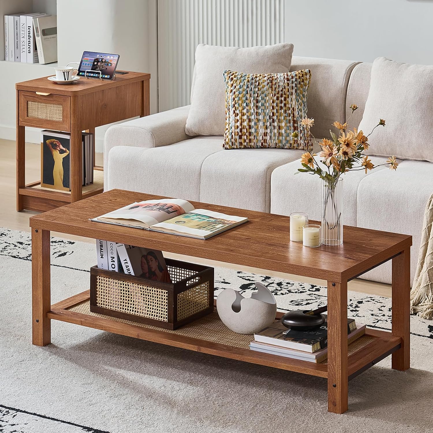 Lerliuo Boho Coffee Tables for Living Room, Rattan Center Table with Open Storage Shelf, Tea Brown