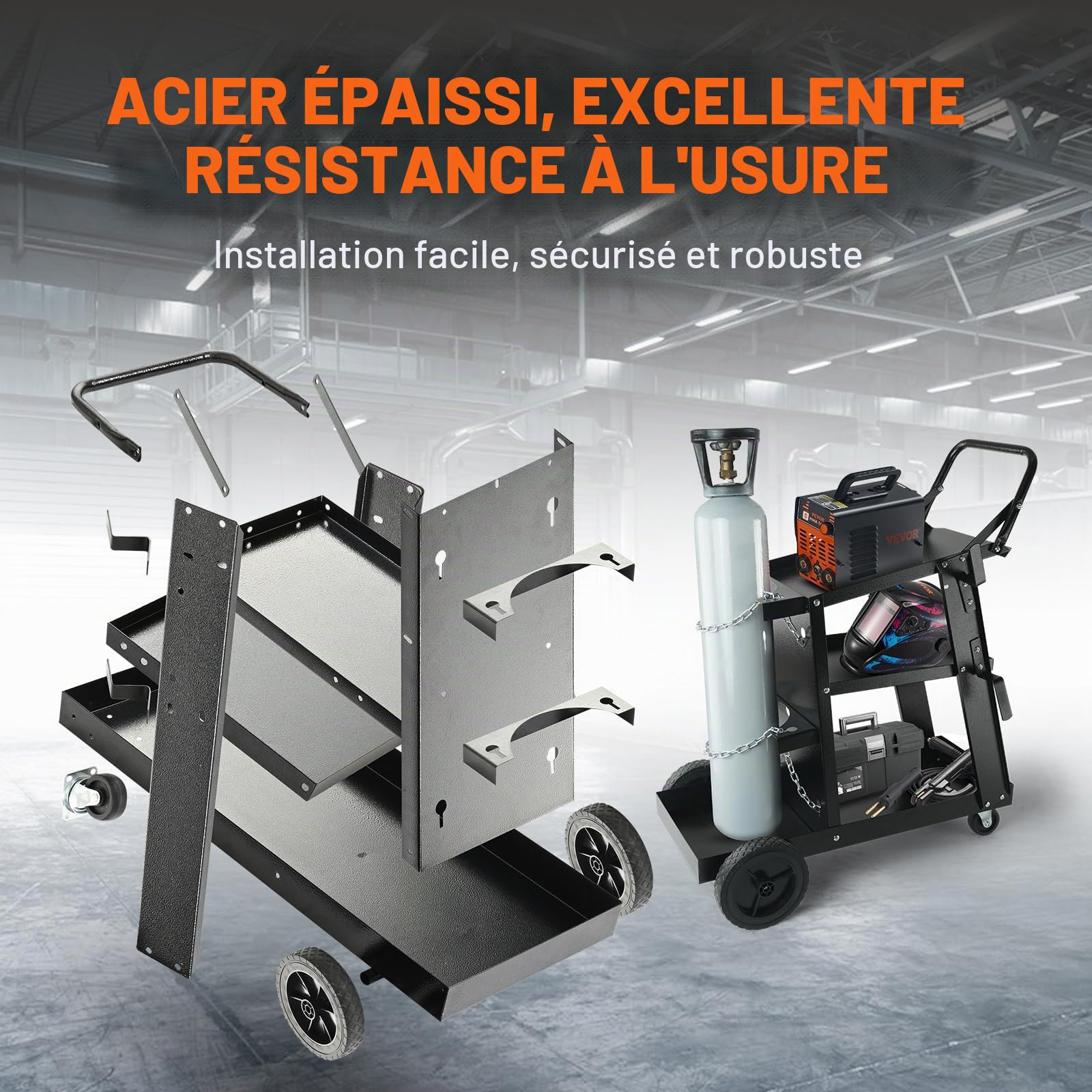 VEVOR Chariot de Soudage à 3 Niveaux Chariot Poste à Souder Capacité Charge 181,4 kg​​ Roues 360° Chaînes Sécurité Stockage Réservoirs Chariot Soudure MIG pour Atelier TIG Arc MMA Découpeur Plasma
