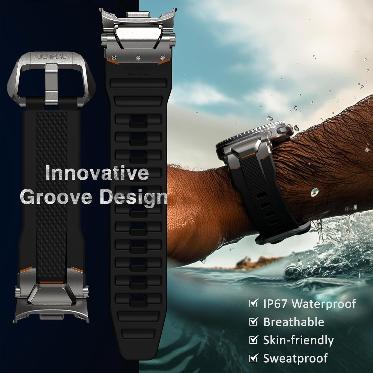 ULTIMAL Rugged TPU Sport Band ONLY for Samsung Galaxy Watch 8 Classic & Galaxy Watch 8 (40/44/46mm), Replacement Strap with Secure Connector, Waterproof Sweat-Resistant, Fit 6.2”-8.9”(Black+Silver)