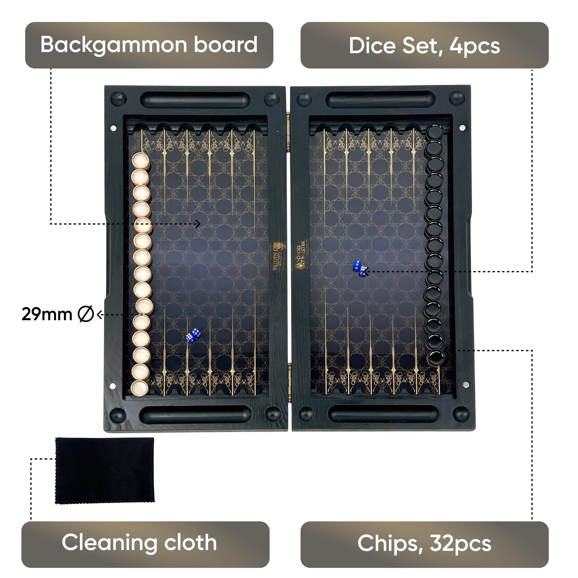 Backgammon de luxe - En bois - 60 cm - Fabriqué à la main - Avec verre trempé - Grand jeu de backgammon pour professionnels et collectionneurs