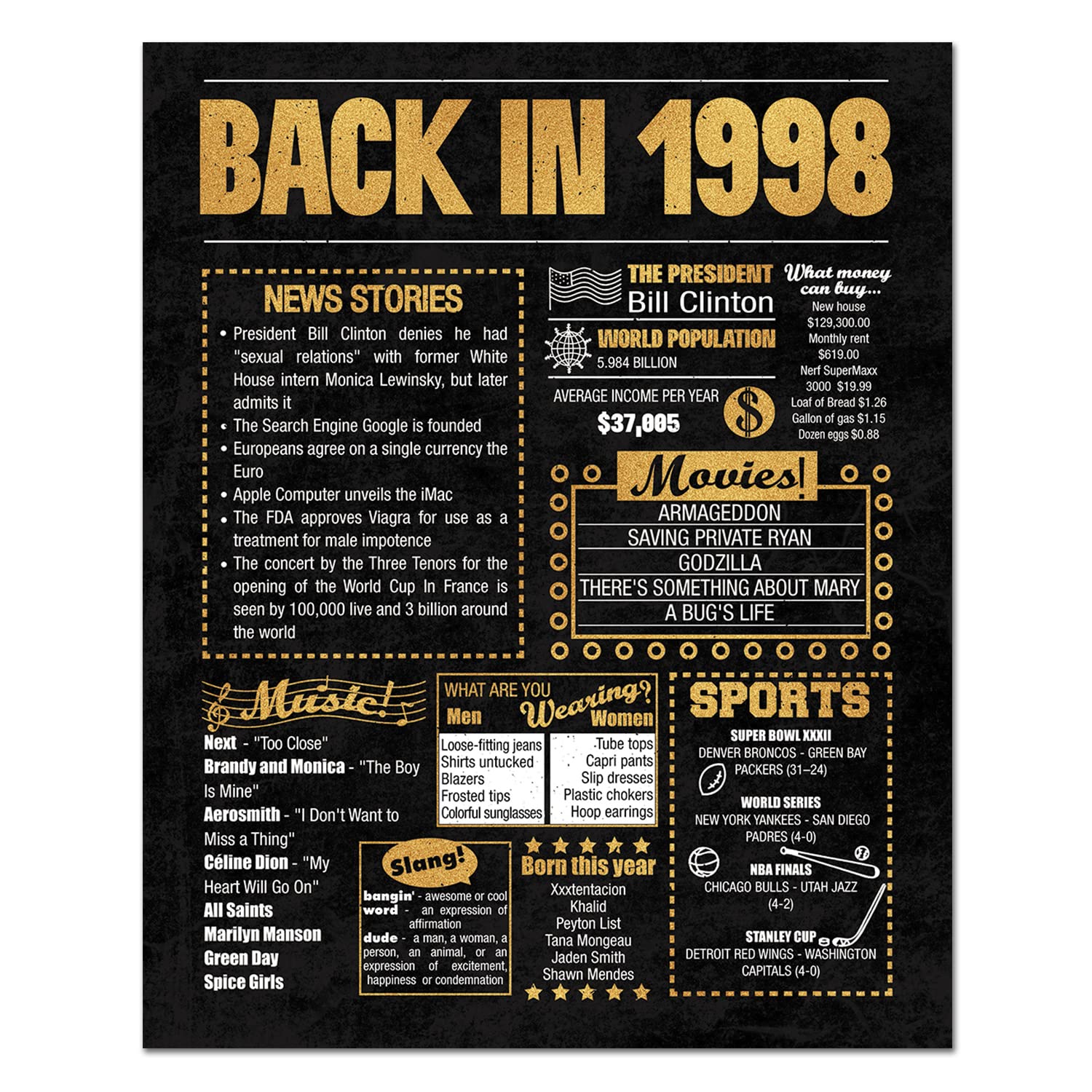 8x10 1998 Birthday Gift // Back in 1998 Newspaper Poster // 26th Birthday Gift // 26th Party Decoration // 26th Birthday Sign // Born in 1998 Print (Gold, 1998)