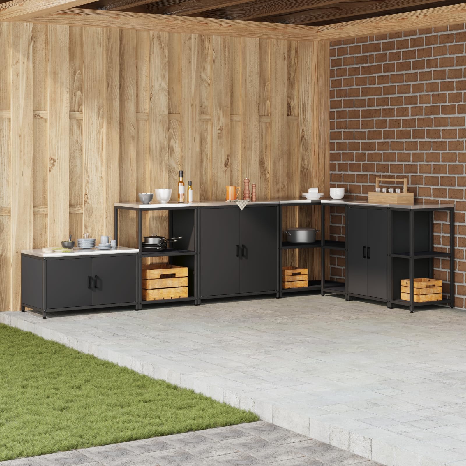 Étagère rangement cuisine modulaire acier noir ext/int meuble stockage compact 60x50x92cm
