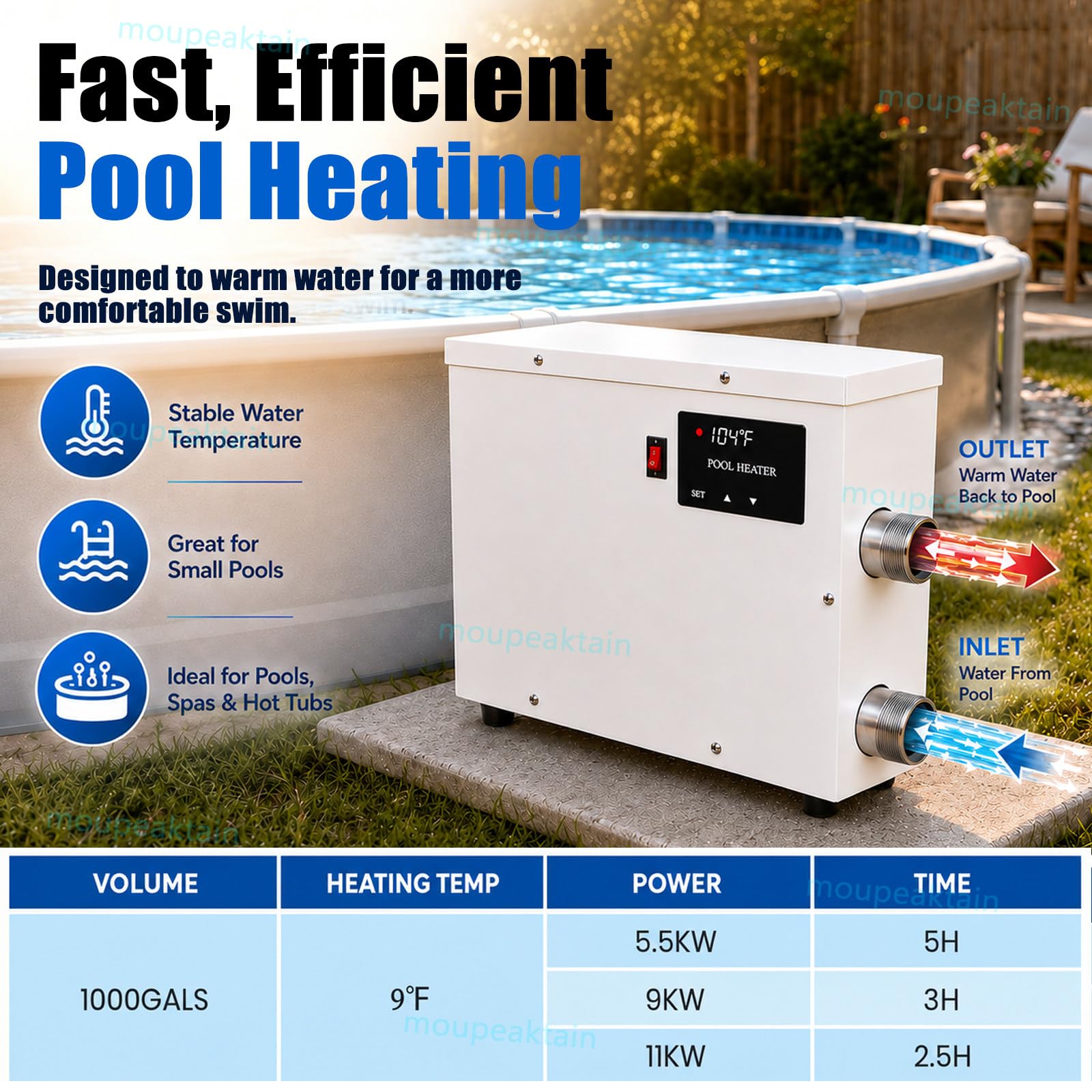 Riscaldatore Elettrico per Piscina 220 V, Scaldacqua 5.5KW / 9KW / 11KW con Termostato Automatico, Riscaldatore in Acciaio Inox per Piscina Fuori Terra, Spa E Vasca Idromassaggio 11KW