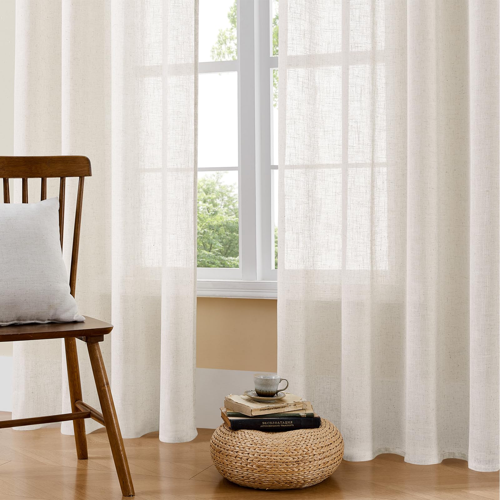 Tende in voile con occhielli Joydeco 260x140 cm bianco effetto lino set da 2 pezzi per camera da letto soggiorno
