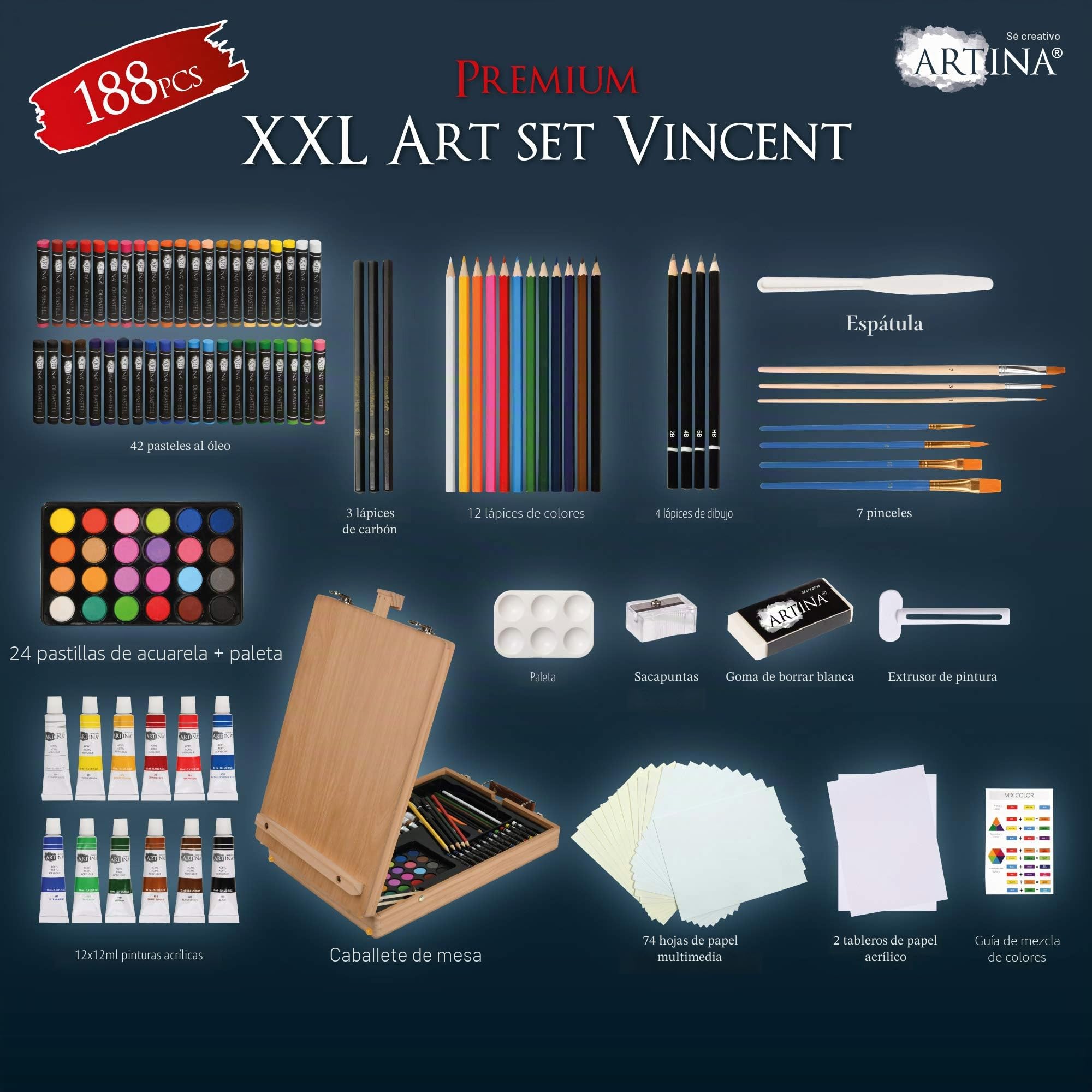 Artina XXL Set de Caballete Con 188 Piezas - Maletín Con Pinturas Acrílicas, Acuarelas y Más - Para Principiantes y Artistas Aficionados FSC® - Vincent
