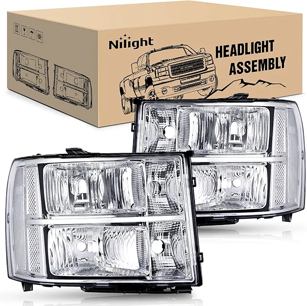 Nilight Headlight Assembly Compatible for 2007 2008-2013 GMC Sierra 1500 2008-2014 GMC Sierra 2500 HD 3500 HD Chrome Housing Clear Corner Clear Lens, Headlights Assembly Replacement