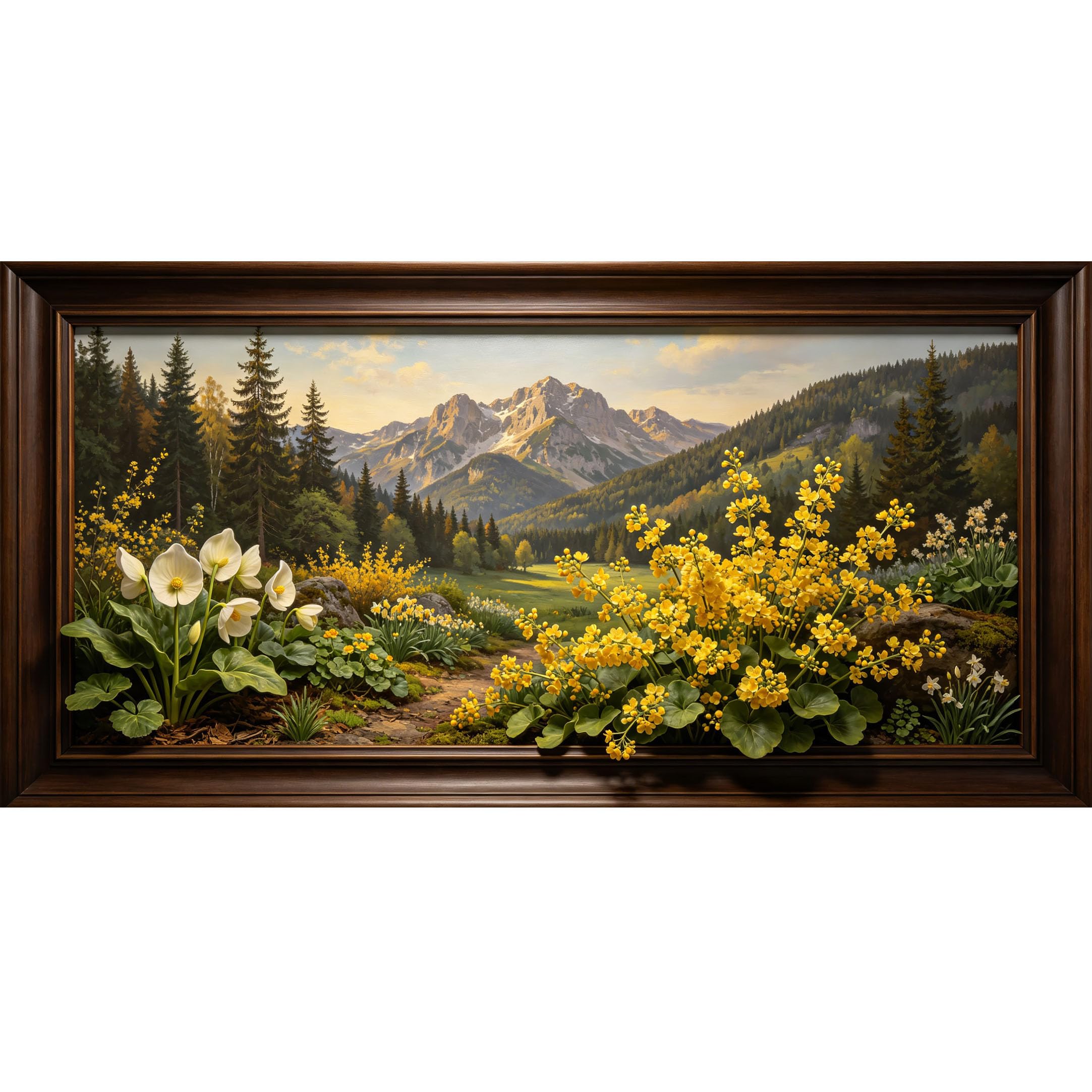 Agglomerix 3D Framed Wall Art Mountain Lake Forest Botanical Wildflower Pine Tree Meadow Landscape Large Size Self-Adhesive Removable Wall Decor Prints Artwork for Living Room Bedroom Office