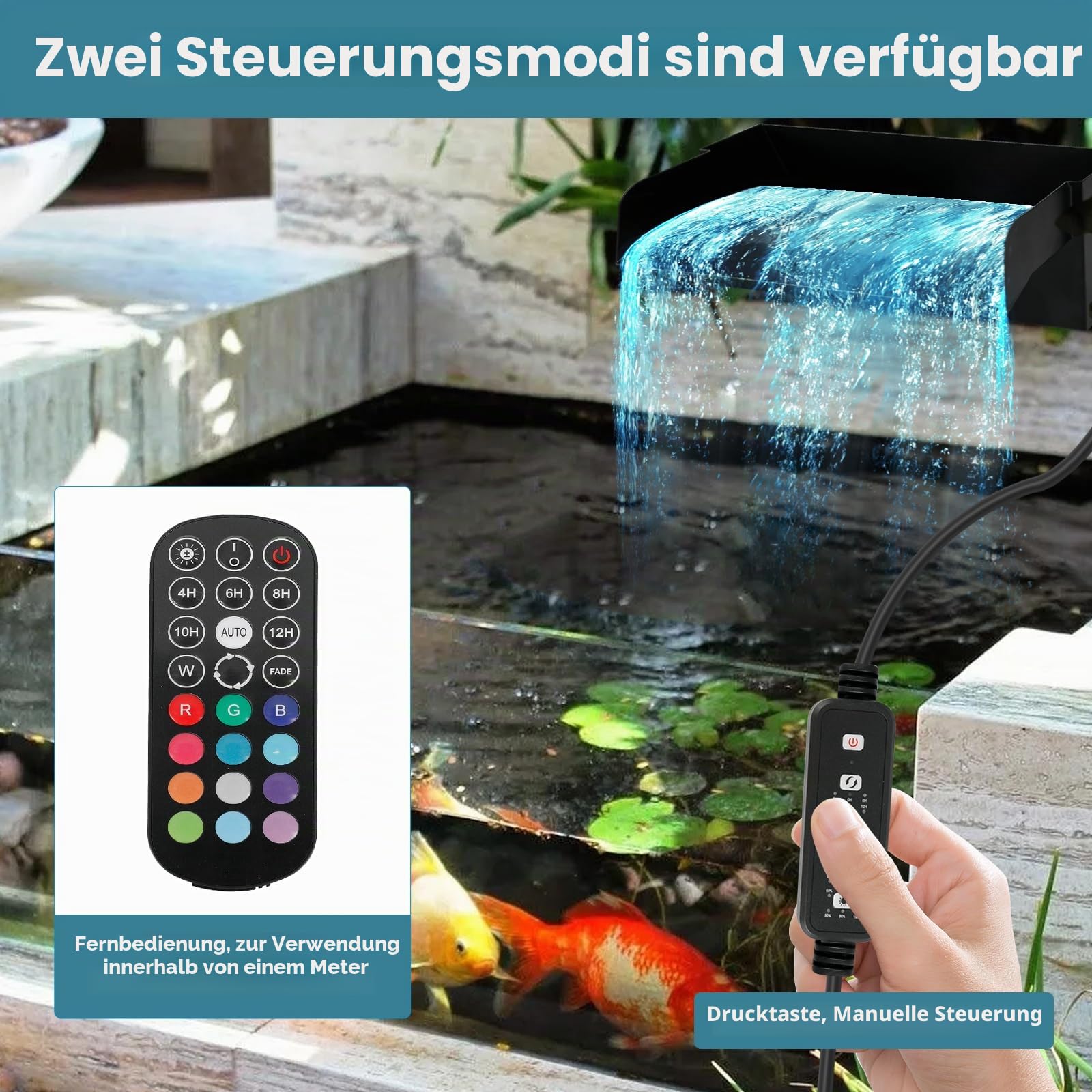 Teich Wasserfall Auslaufset mit 45 W 3000 L/H Pumpe, 30 cm Edelstahl Wasserfall Set mit Buntem LED-Licht, Teichwasserfall-Filter für Gartenteich Außengartenteiche und Wasserspiele