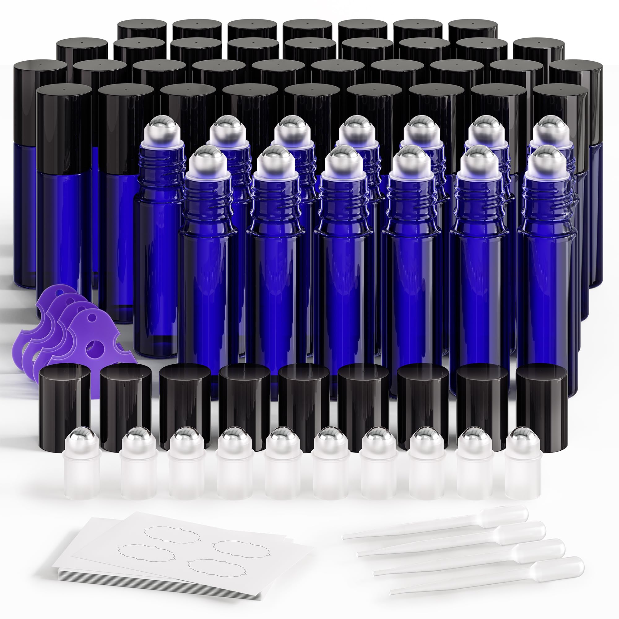 ULG Essential Oil Roller Bottles 48 Pack 10ml - Cobalt Blue Glass Empty Bottles with Stainless Steel Roller Balls (10 Extra Roller Balls, 4 Openers, 4 Droppers, 48 Waterproof Labels)