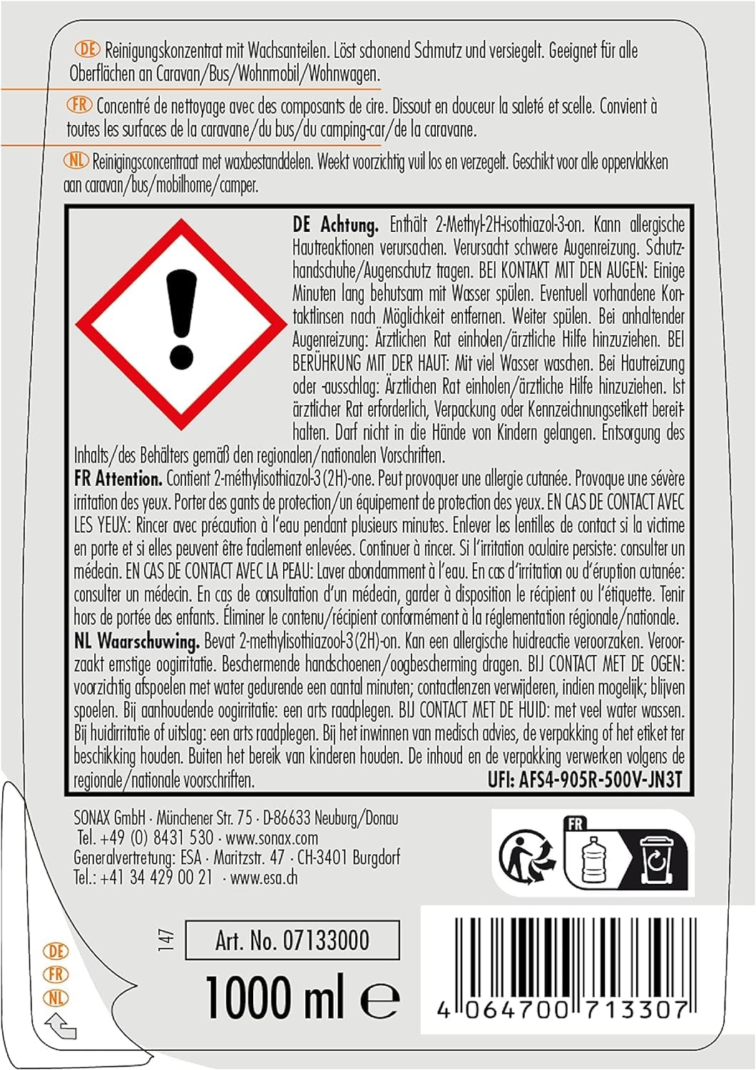 autopflege Sonax Caravan - Set di pulizia per camper, 1 l, con guanto da lavaggio + panno asciutto + secchio da 16 l con coperchio, pulitore per roulotte
