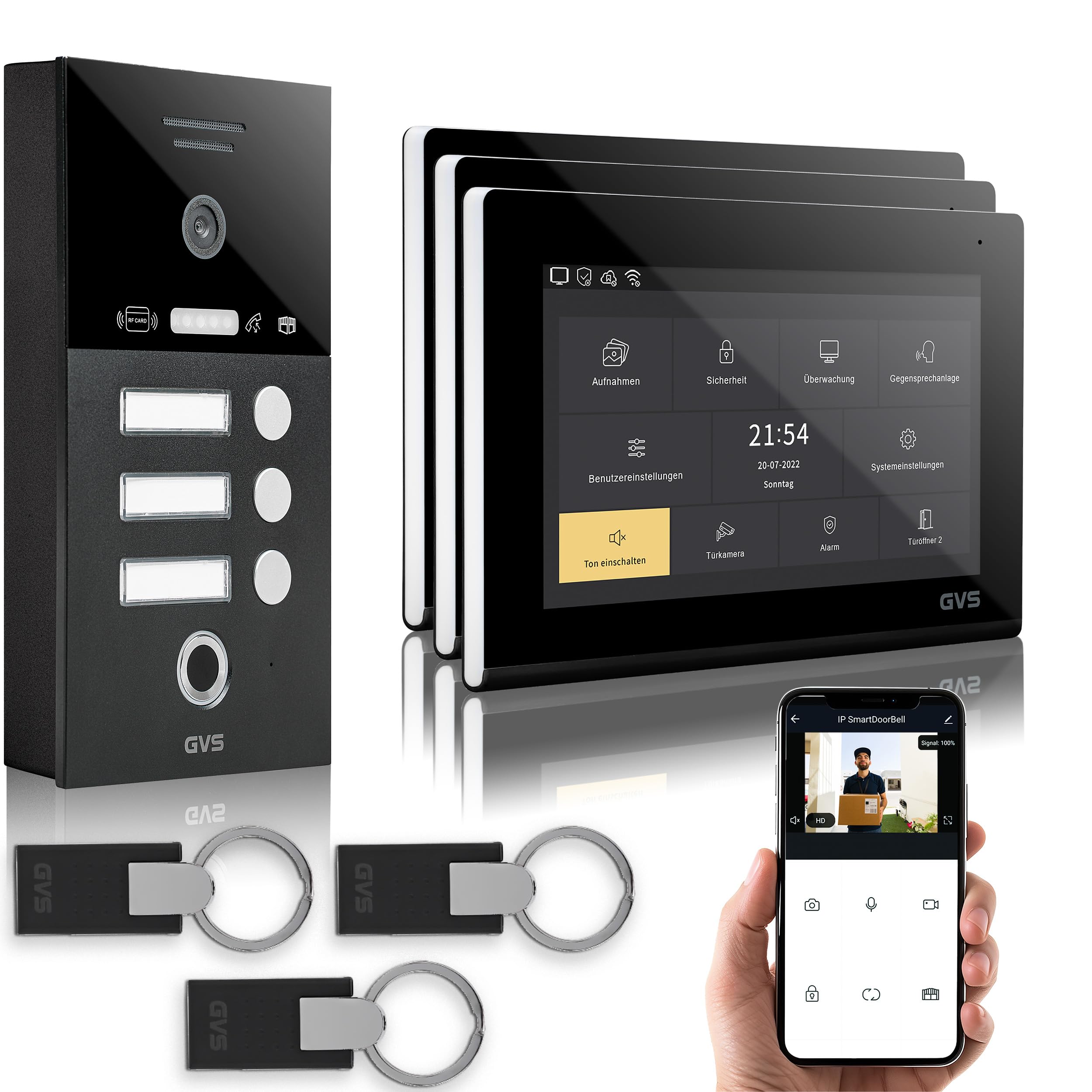 GVS Video Türsprechanlage 3 Familienhaus RFID + Fingerprint - 3x7 Monitor