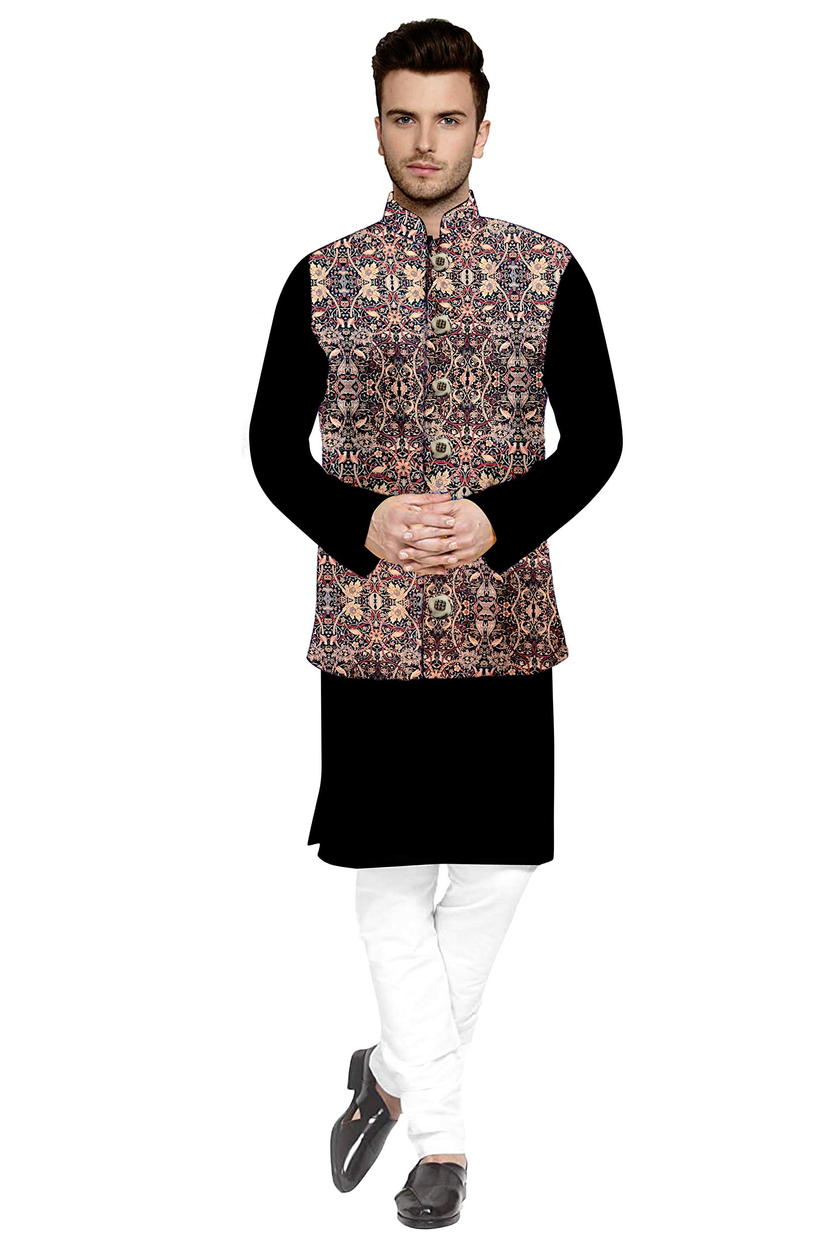 Mentific® Nehru Jacket With Kurta Pajama Set For Men (BLACK PTINTED JACKET WITH BLACK KURTA SET, m)