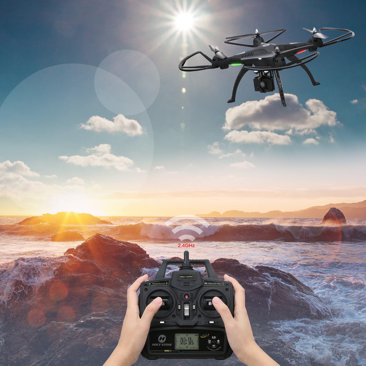 Holy Stone 1080P Camera Drone, HS300 RC Quadcopter with 120° Wide-Angle HD Camera 6-Axis gyro 2.4 GHz with Altitude Hold, One Key Return and Headless Mode Function RTF Includes Bonus Battery