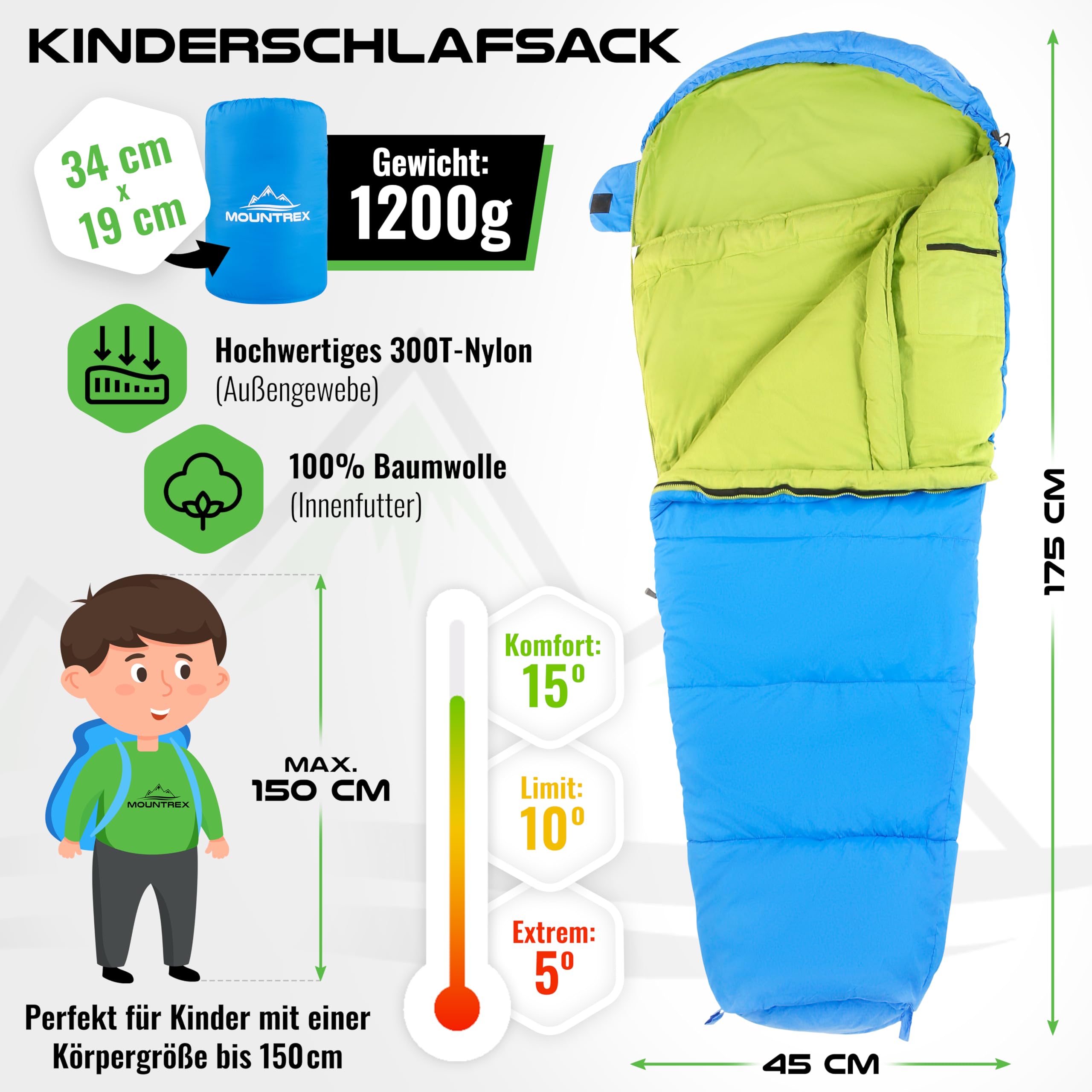 MOUNTREX Kinderschlafsack 5°C / 15°C – 100 % Baumwolle Innenfutter – Schlafsack für Kinder 175×70 cm – Leicht & Kompakt, Tragbar wie EIN Rucksack