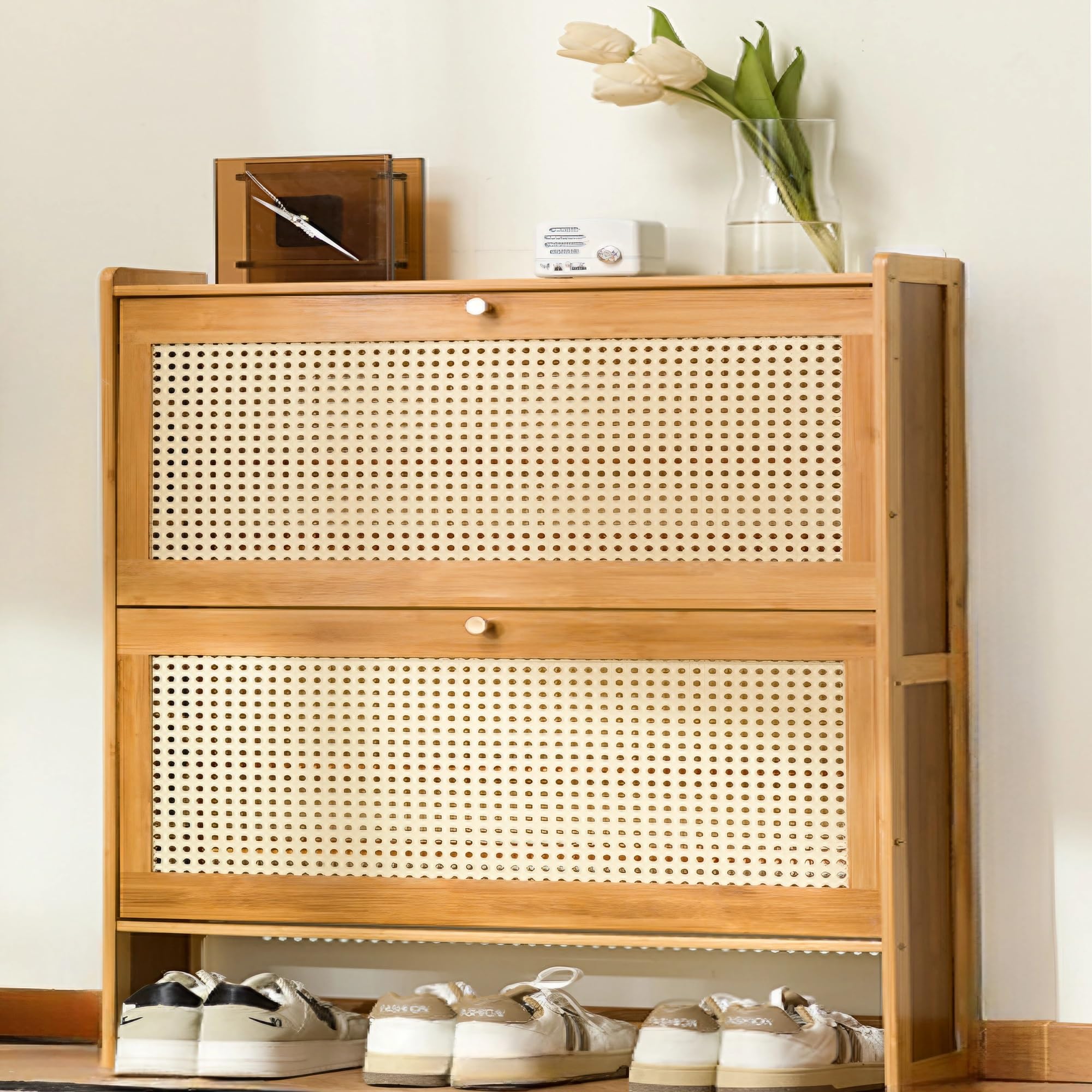 Mueble Zapatero Estrecho Ratan/Bambu, Zapateros Estrechos y Altos, Zapatero de Bambú de 2, 3 Niveles, Zapatero Madera Cerrado para Entrada, Recibidor, Dormitorio, Independiente(70x17x87cm)