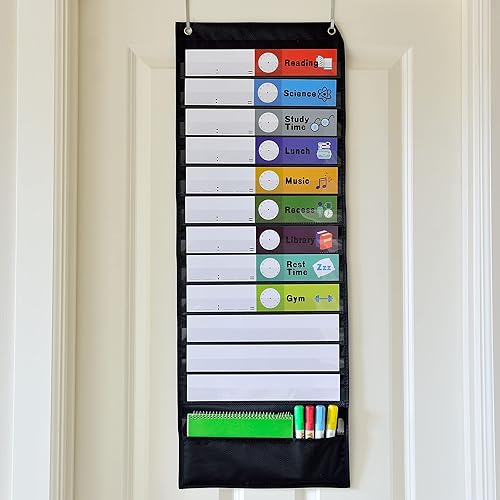 Miniatura 5 de Youngever Tabla de bolsillo para el aula, 13 + 1 bolsillo, tabla de bolsillo para horarios diarios, 29 tarjetas reutilizables de doble cara de