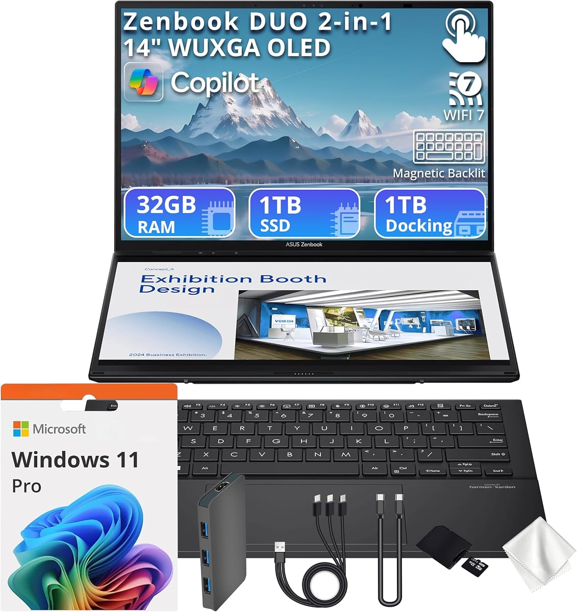 ASUS Zenbook Duo 2-in-1 14" WUXGA OLED AI Touchscreen Laptop, Intel Ultra 9-285H, 32GB RAM, 2TB Storage (1TB SSD&1TB Dock), Intel Arc 140V, Magnetic Backlit Keyboard, Long Battery, Win 11 Pro, Gray