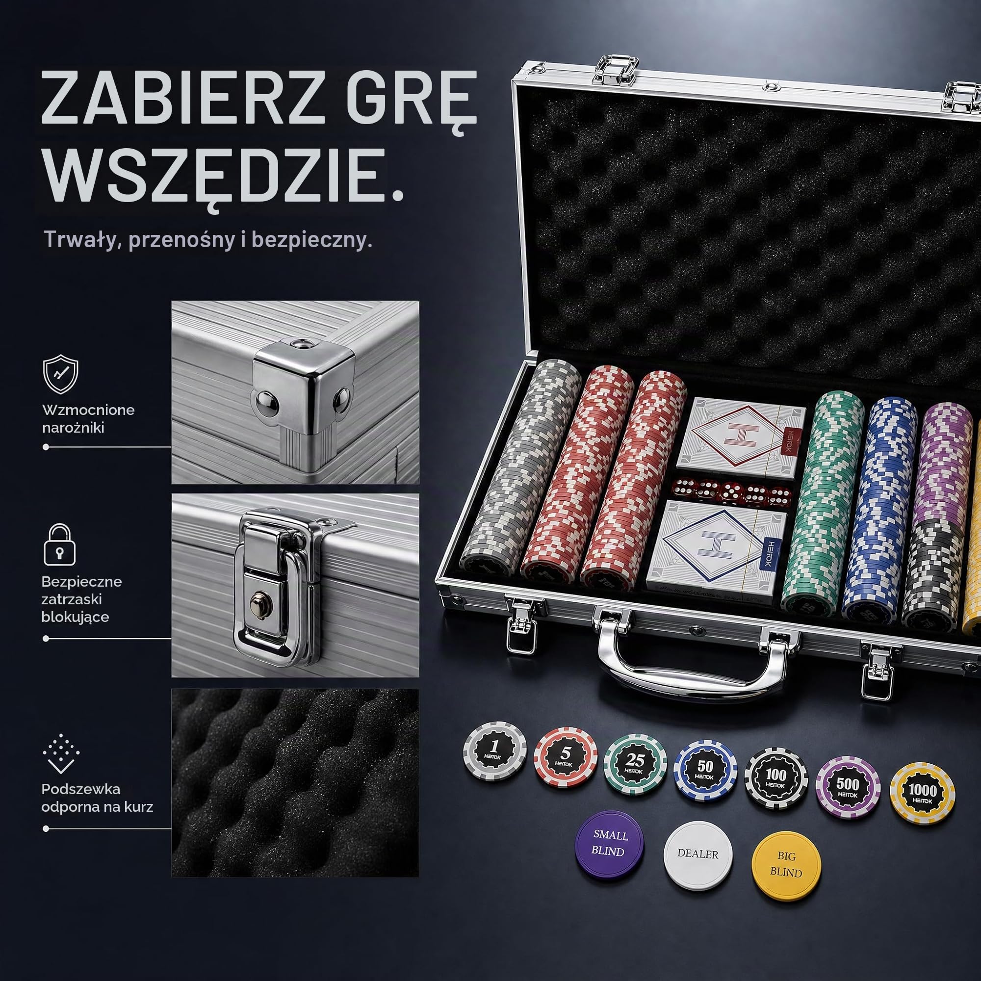 HEITOK Zestaw Pokerowy 500 Żetonów 11,5g Nominały Texas Holdem